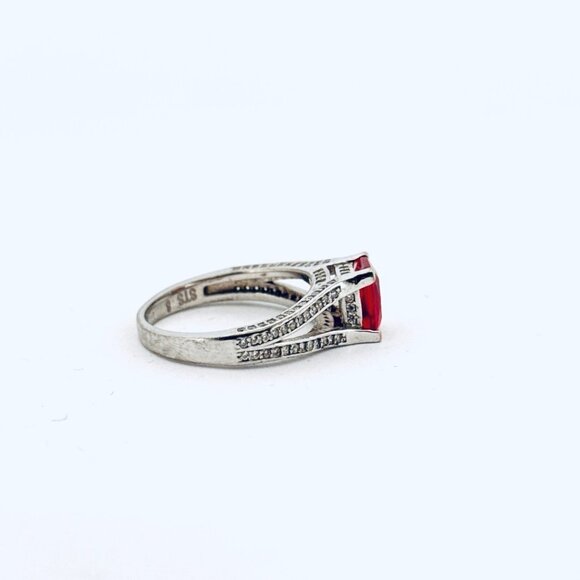 Estate Sterling Silver 925 Red Emerald Cut Gemstone Ring Split Shank Size 8 - Picture 2 of 11